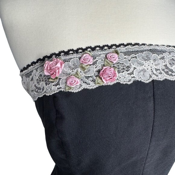 Vintage Y2K Whimsigoth Black Strapless Dress Lace Trim & Pink Floral Embroidery - Picture 3 of 11